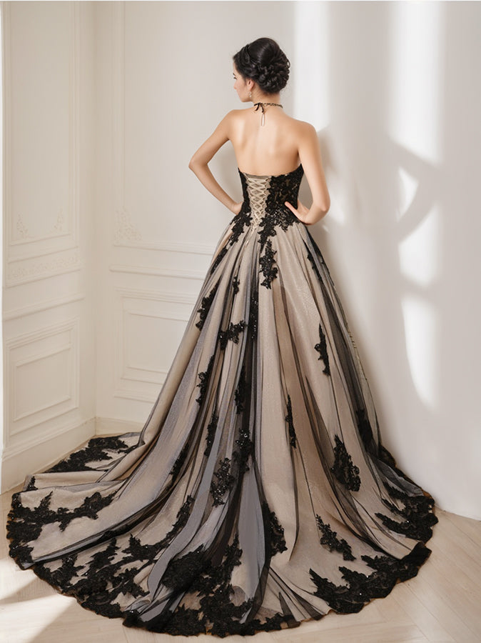 Ball Gown Strapless Sleeveless Black Wedding Dress with Beading & Appliques BabaMila