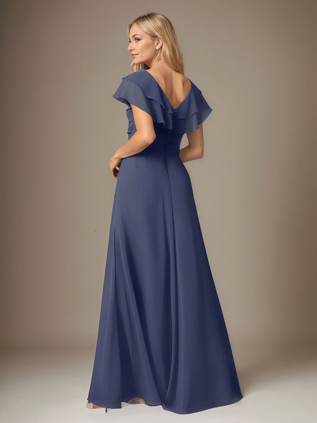 V-Neck A-Line Flutter Straps Floor-Length Chiffon Mother of the Bride Dress With Pleated/Beads/Cascading Ruffles BabaMila