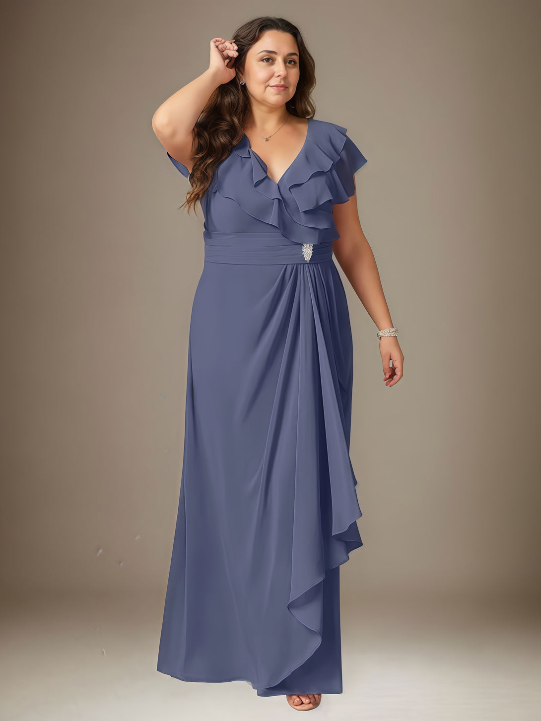 V-Neck A-Line Flutter Straps Floor-Length Chiffon Mother of the Bride Dress With Pleated/Beads/Cascading Ruffles BabaMila