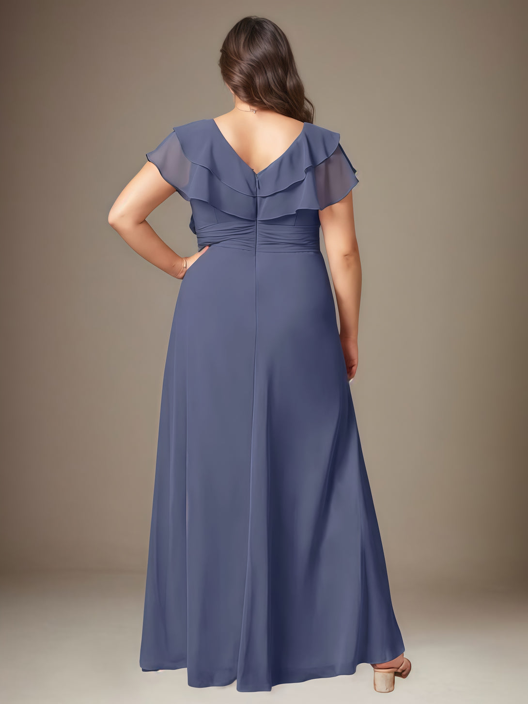 V-Neck A-Line Flutter Straps Floor-Length Chiffon Mother of the Bride Dress With Pleated/Beads/Cascading Ruffles BabaMila