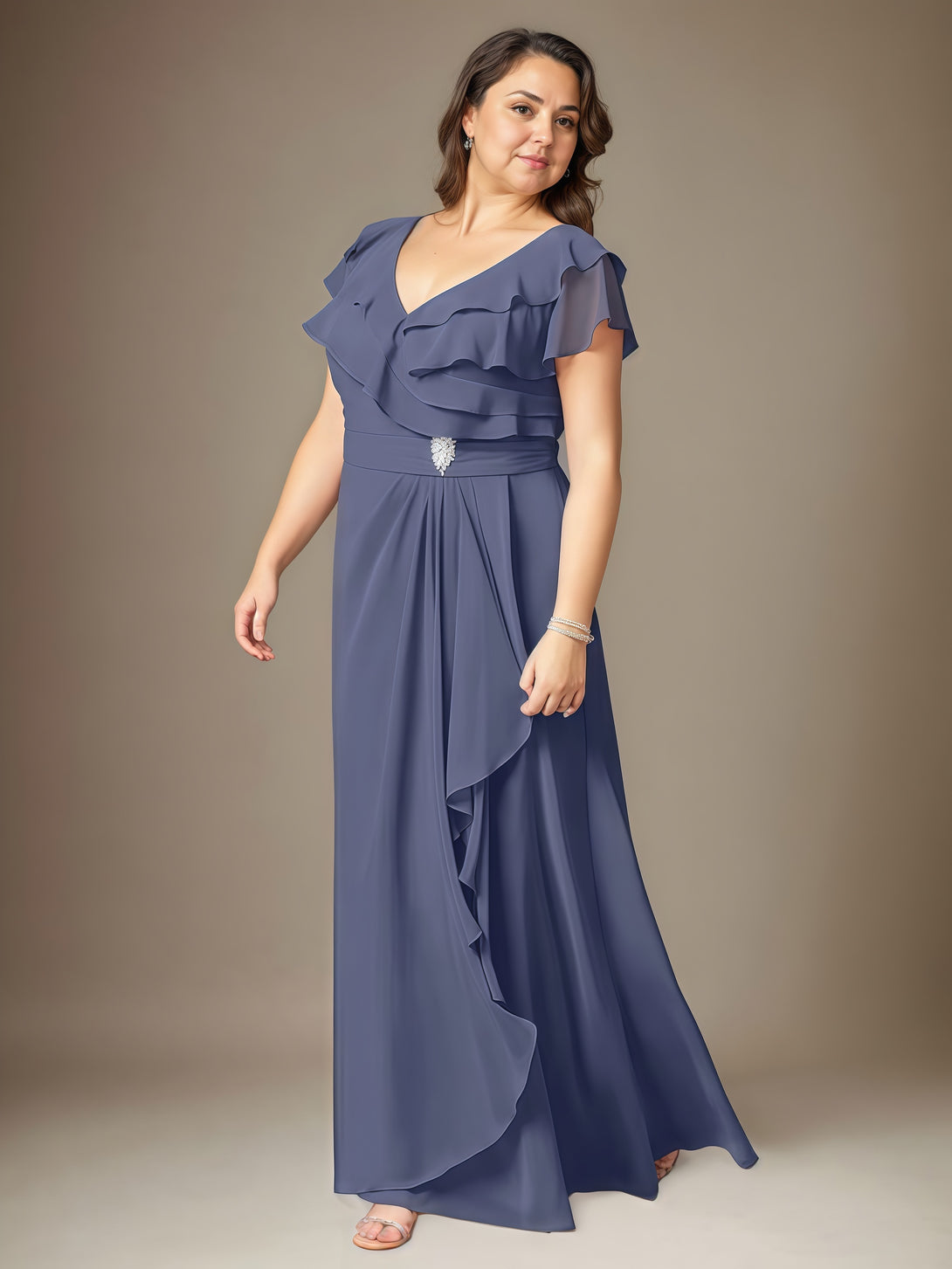 V-Neck A-Line Flutter Straps Floor-Length Chiffon Mother of the Bride Dress With Pleated/Beads/Cascading Ruffles BabaMila