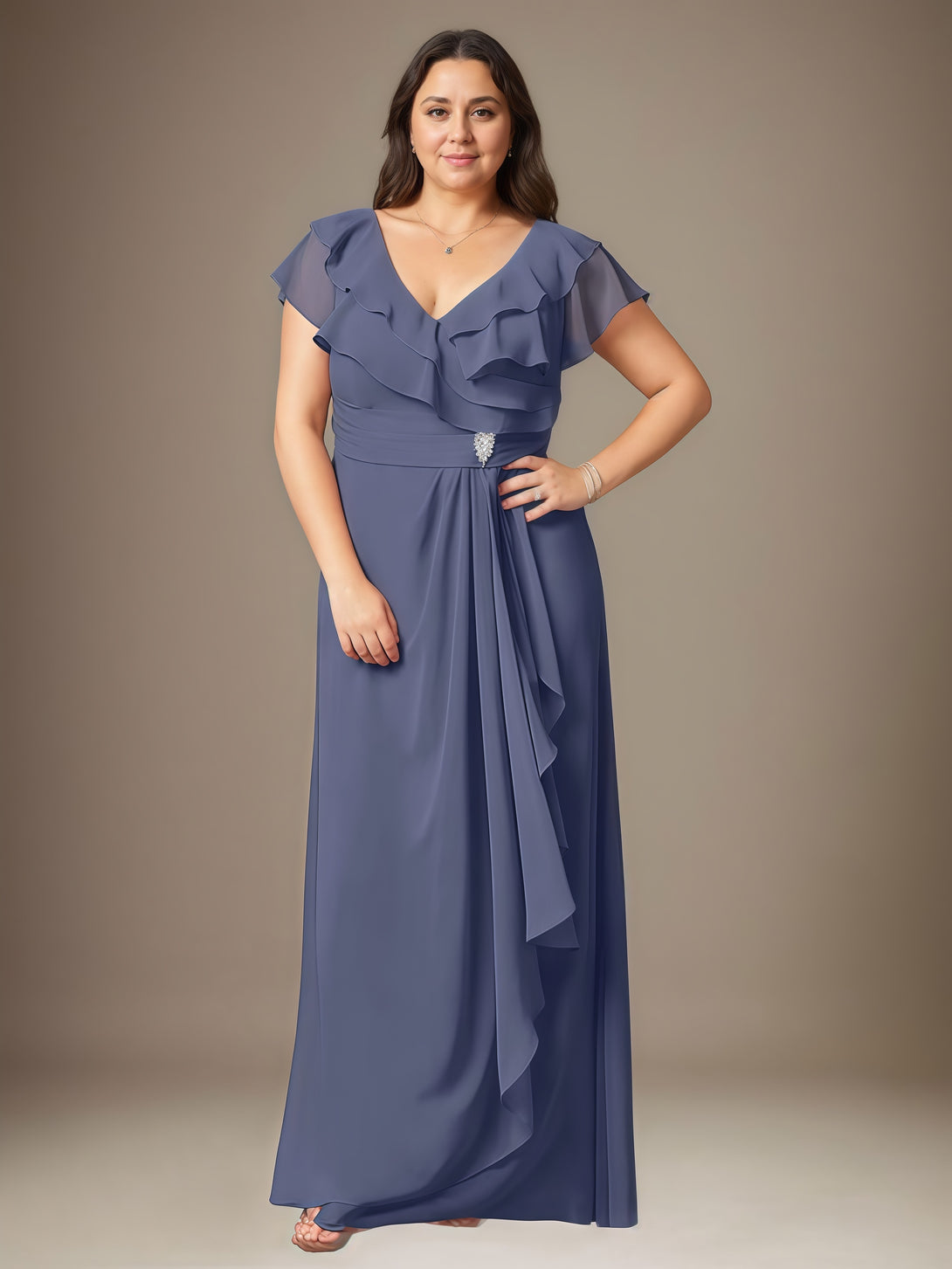 V-Neck A-Line Flutter Straps Floor-Length Chiffon Mother of the Bride Dress With Pleated/Beads/Cascading Ruffles BabaMila