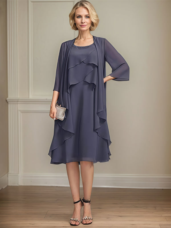 Square Neck Column 3/4 Sleeve Knee-Length Chiffon Mother of the Bride Dress With Beads/Cascading Ruffles/Jacket BabaMila