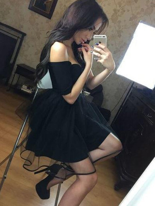 A-Line Off-the-Shoulder Short Sleeves Tulle Homecoming Dresses BabaMila