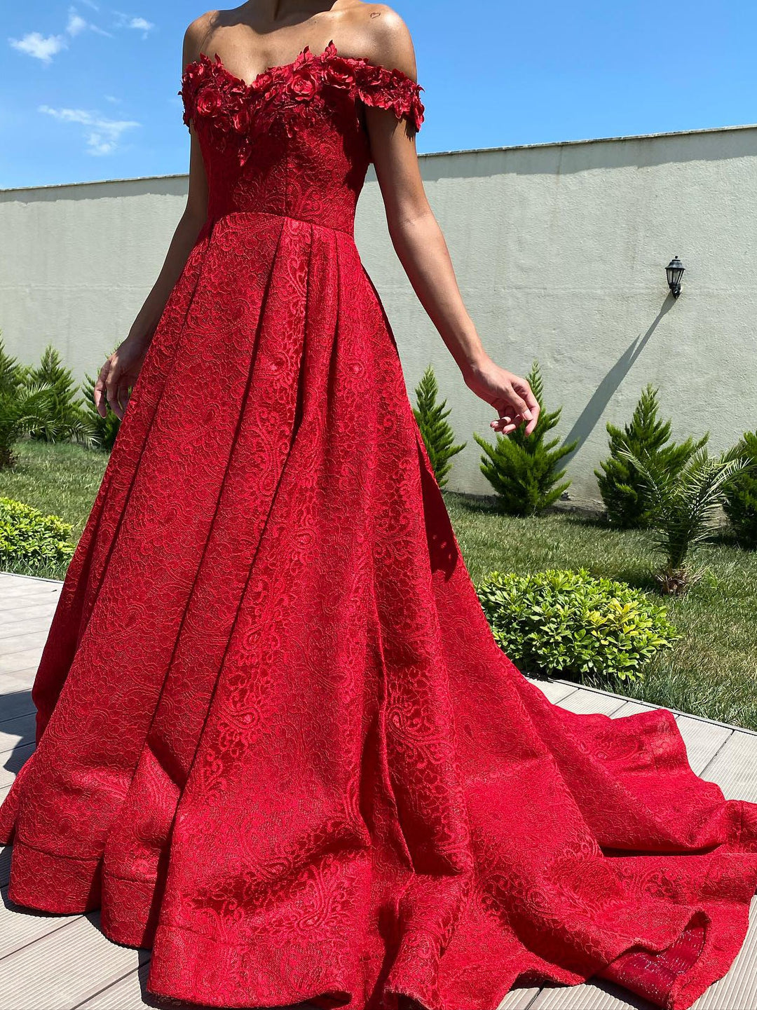 A-Line/Princess Off-the-Shoulder Long Dresses Sweep Train With 3D Flower Applique/Beading BabaMila