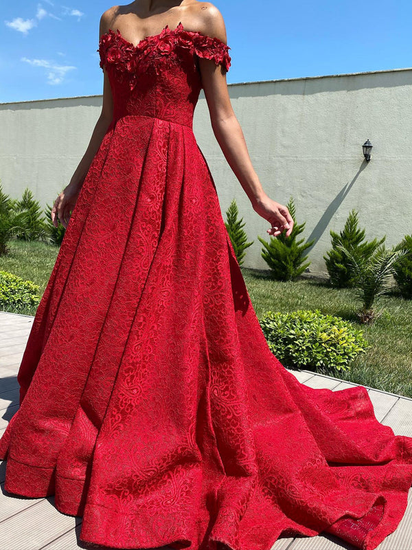 A-Line/Princess Off-the-Shoulder Long Dresses Sweep Train With 3D Flower Applique/Beading BabaMila