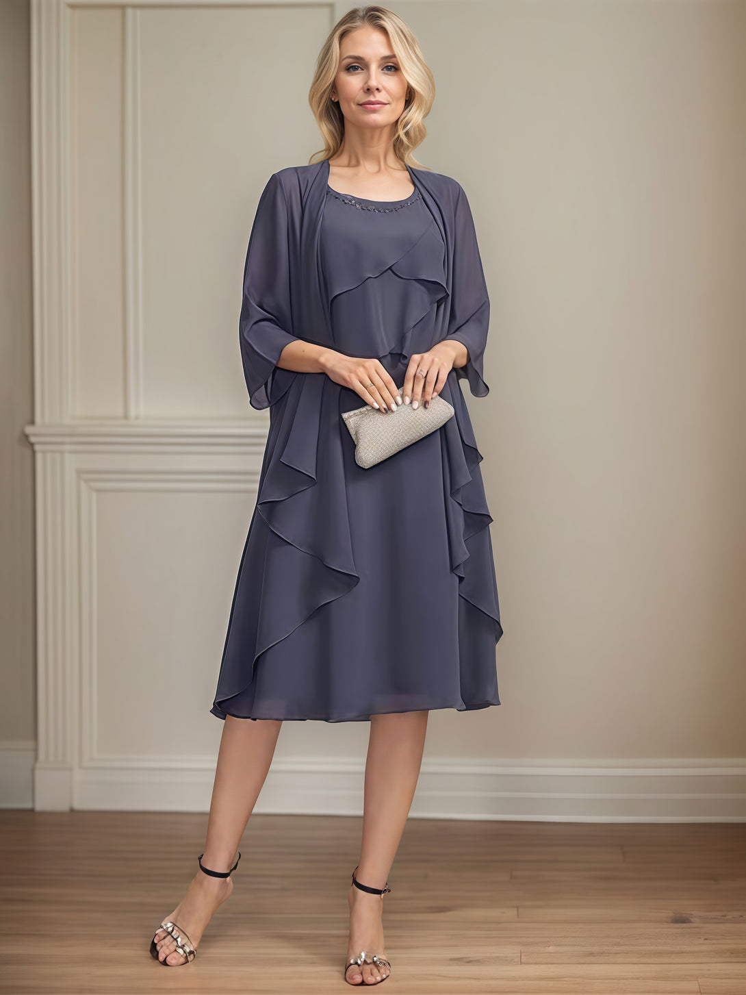 Square Neck Column 3/4 Sleeve Knee-Length Chiffon Mother of the Bride Dress With Beads/Cascading Ruffles/Jacket BabaMila
