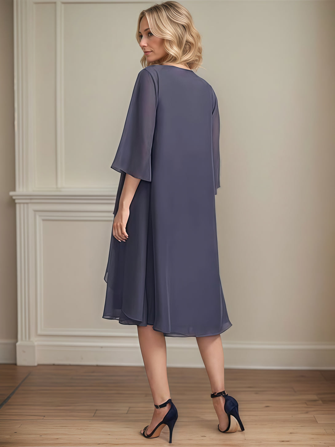 Square Neck Column 3/4 Sleeve Knee-Length Chiffon Mother of the Bride Dress With Beads/Cascading Ruffles/Jacket BabaMila