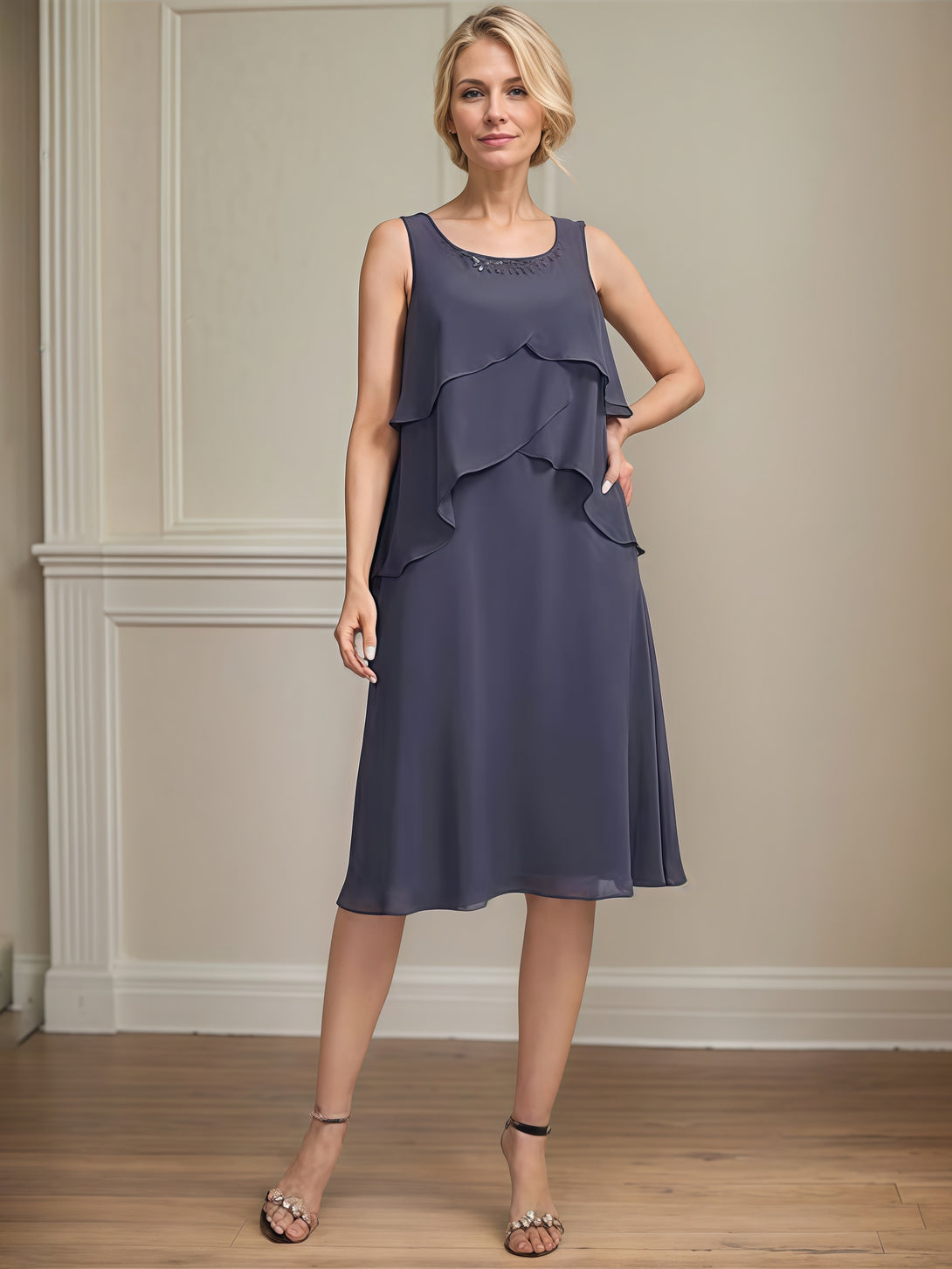 Square Neck Column 3/4 Sleeve Knee-Length Chiffon Mother of the Bride Dress With Beads/Cascading Ruffles/Jacket BabaMila