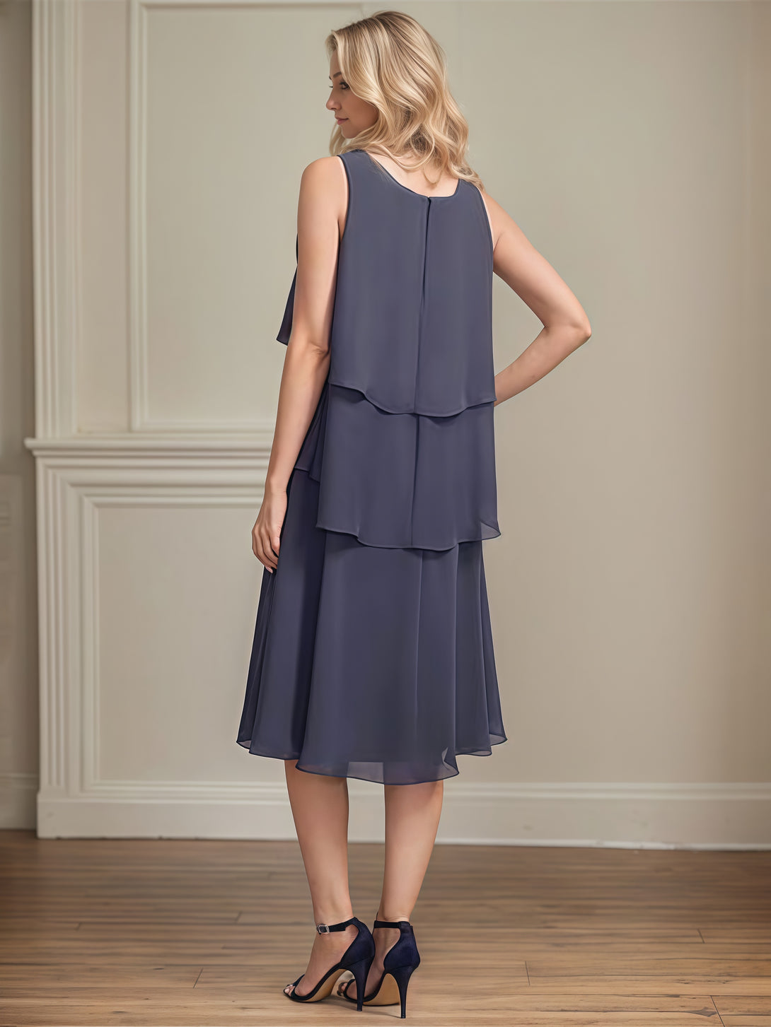 Square Neck Column 3/4 Sleeve Knee-Length Chiffon Mother of the Bride Dress With Beads/Cascading Ruffles/Jacket BabaMila