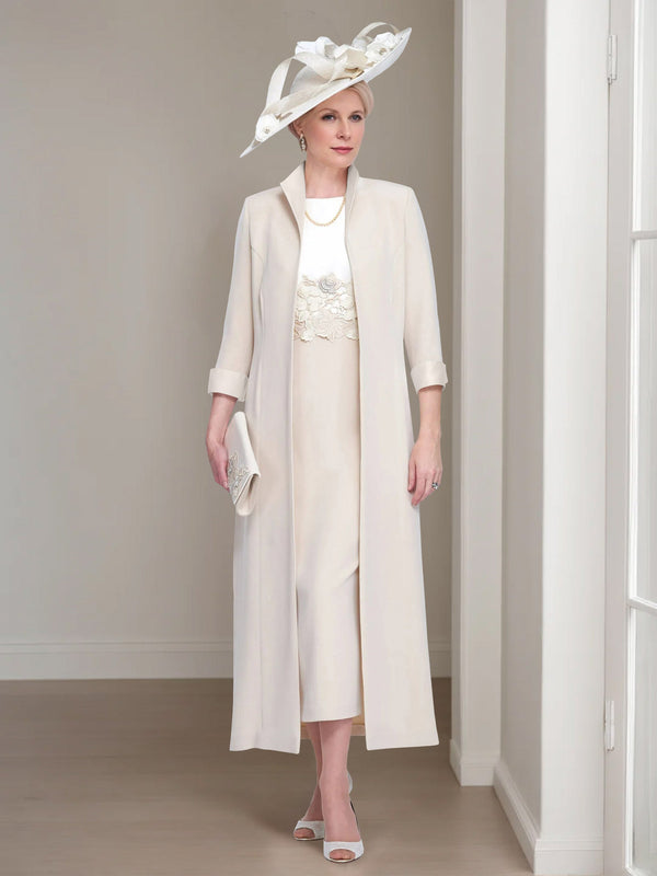 2 Pieces Round Neck Tea-Length Mother Of The Bride Dresses With Jacket & Lace Appliques BabaMila