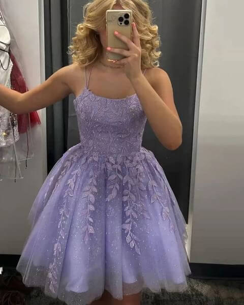 A-Line Lace/Tulle Spaghetti Straps Tulle Homecoming Dresses With Appliques BabaMila