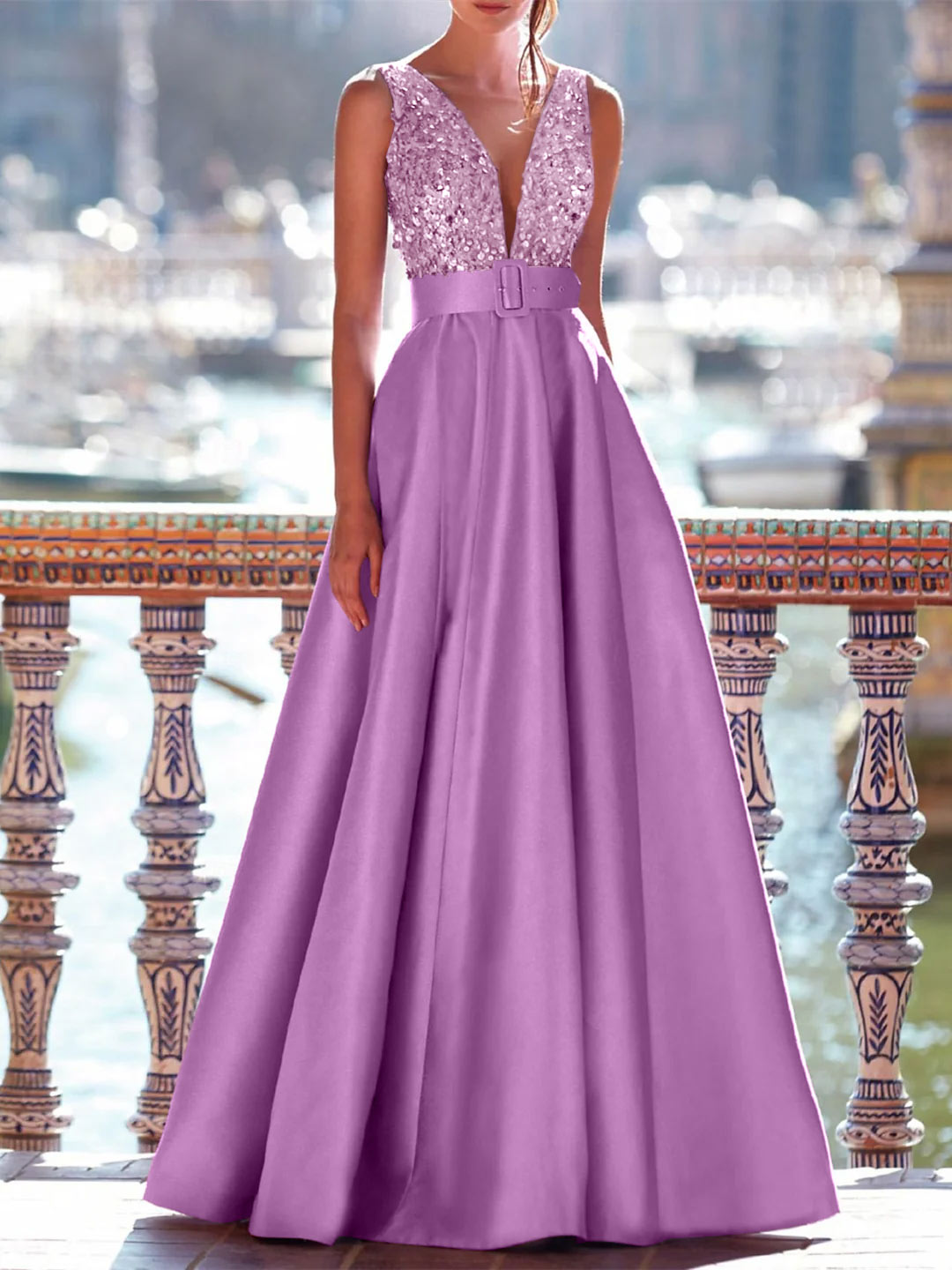 A-Line Floor Length Sleeveless V Neck Prom Dress Pocket Satin With Pearls BabaMila