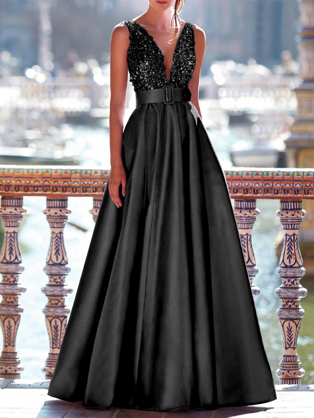 A-Line Floor Length Sleeveless V Neck Prom Dress Pocket Satin With Pearls BabaMila