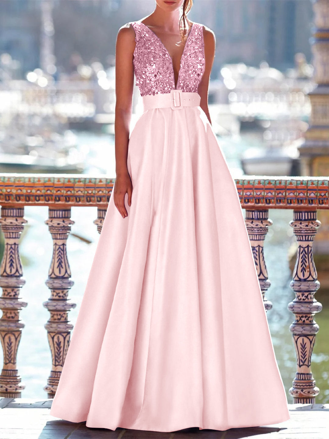 A-Line Floor Length Sleeveless V Neck Prom Dress Pocket Satin With Pearls BabaMila