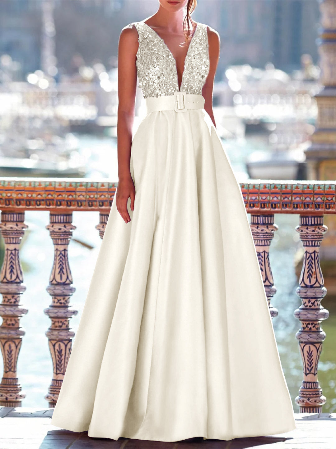 A-Line Floor Length Sleeveless V Neck Prom Dress Pocket Satin With Pearls BabaMila