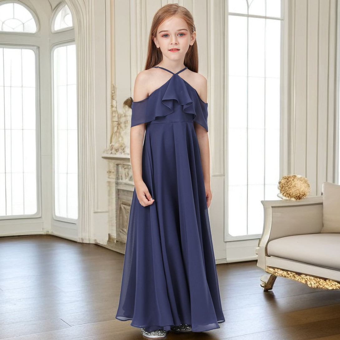 Simple A-Line Halter Cape Floor-Length Chiffon Junior Bridesmaid Dresses/Girls Birthday Dresses Girls Gidiondress