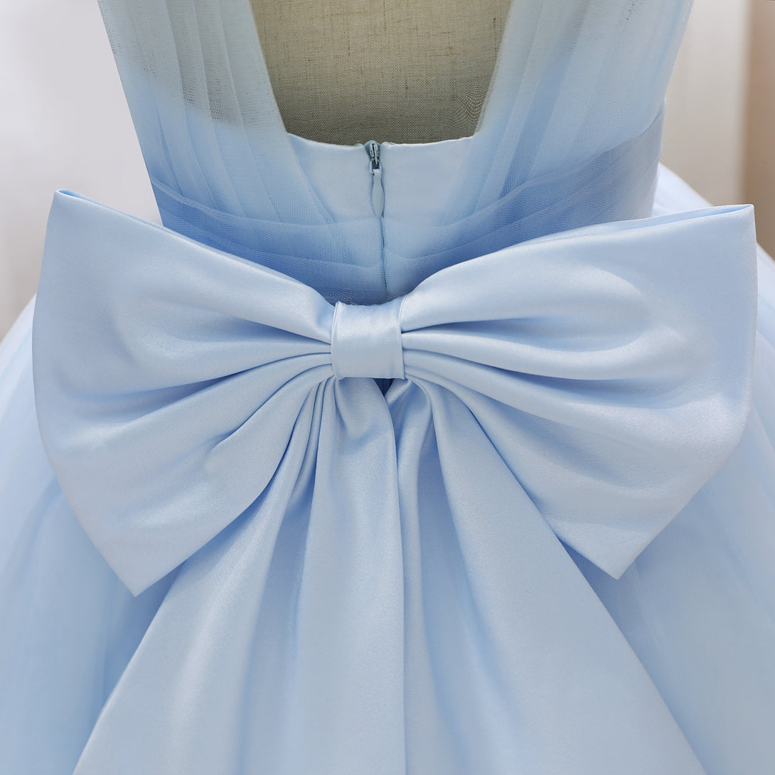 Square Neck Sleeveless Knee-Length Satin/Tulle Holiday＆Christmas Dresses With Bow/Pleated Girls Gidiondress