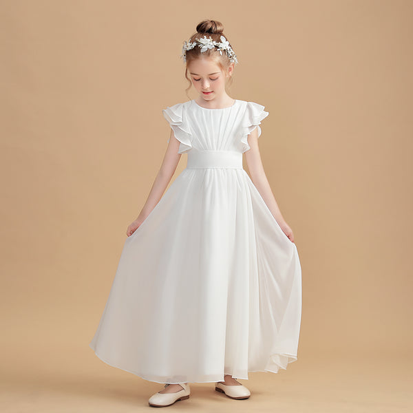 A-Line Flutter straps Scoop Neck Floor-Length Ivory Chiffon Flower Girl Dresses/First Communion Dress Gidiondress