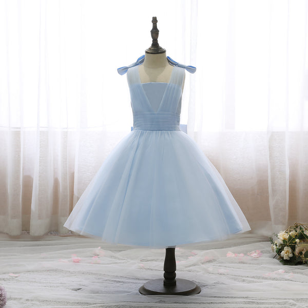 Square Neck Sleeveless Knee-Length Satin/Tulle Holiday＆Christmas Dresses With Bow/Pleated Girls Gidiondress