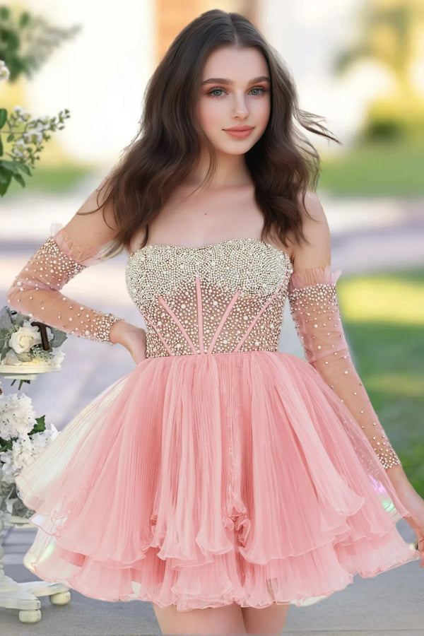 A Line Short Homecoming Dress/Cocktail Dress With beads Removable sleeves Homecoming Dress BabaMila