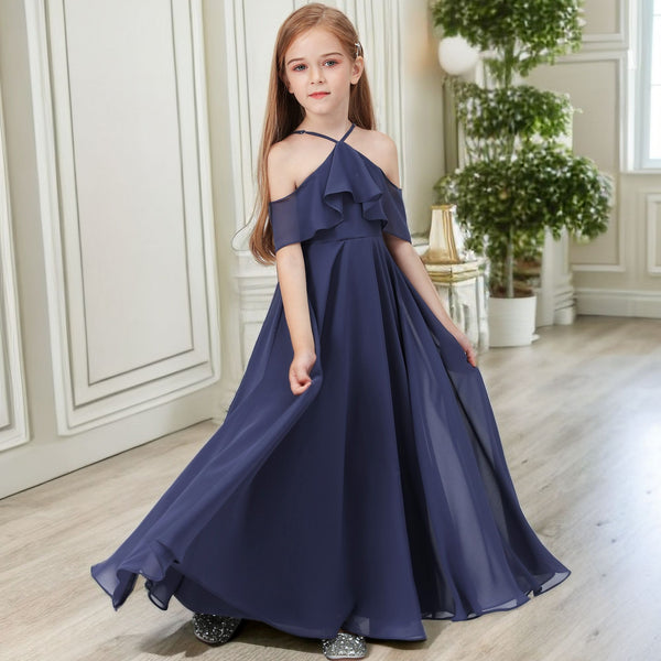 Simple A-Line Halter Cape Floor-Length Chiffon Junior Bridesmaid Dresses/Girls Birthday Dresses Girls Gidiondress