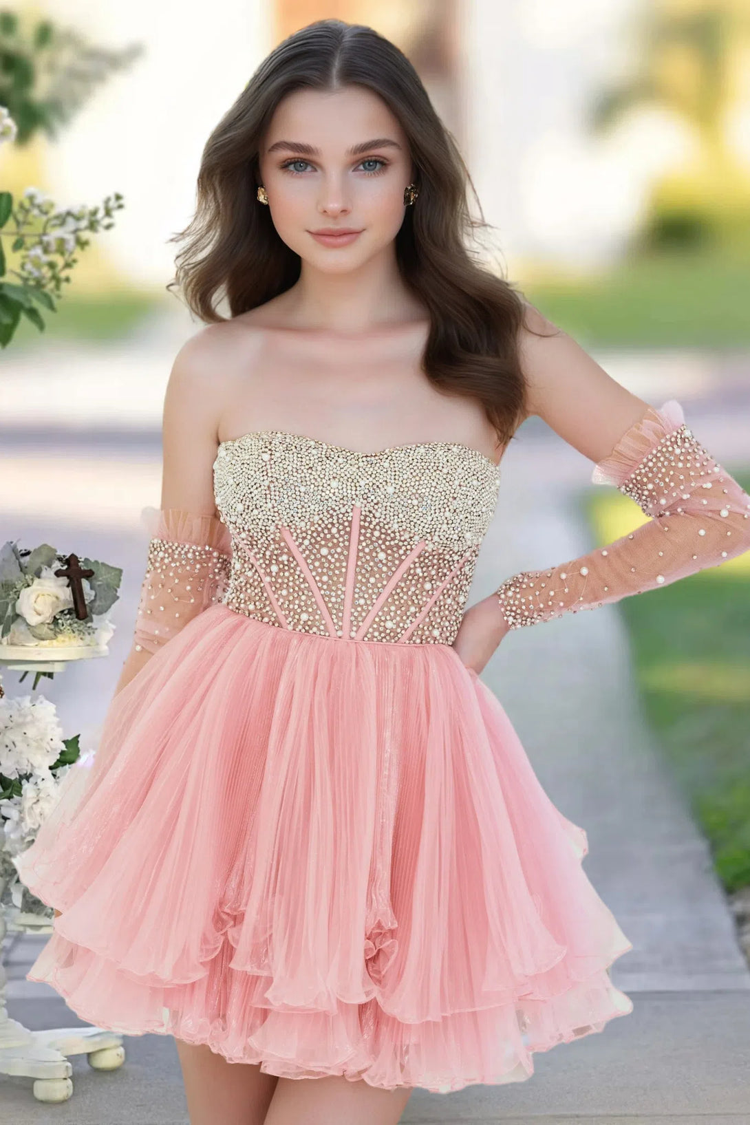 A Line Short Homecoming Dress/Cocktail Dress With beads Removable sleeves Homecoming Dress BabaMila