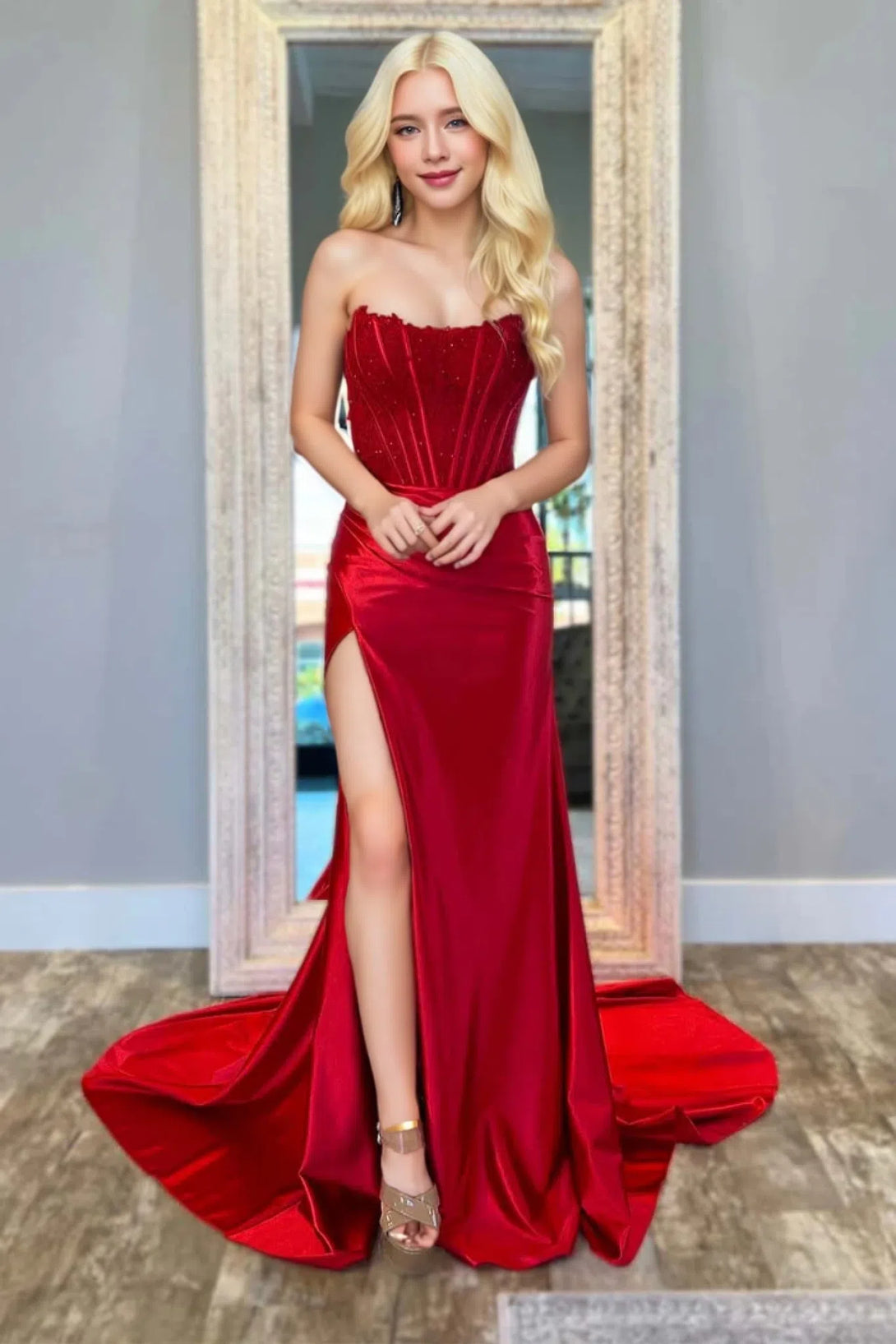 Mermaid Strapless Satin Long Prom Dresses With Beading BabaMila