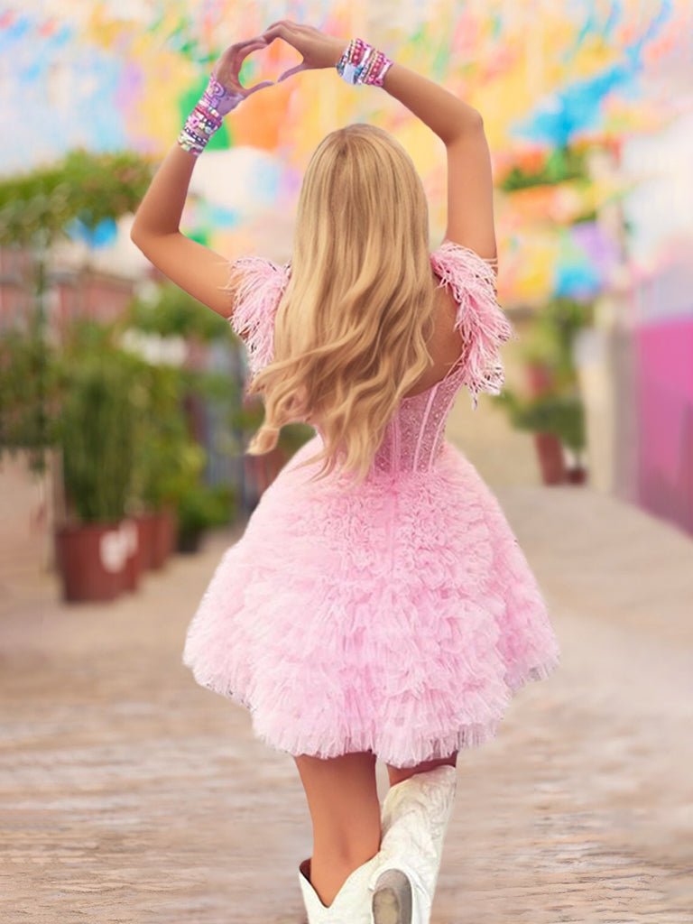 A-Line/Princess Semi-Sweetheart Short Sleeves Short/Mini Party Dance Cocktail Homecoming Dress With Beadings/Ruffles/Feathers BabaMila