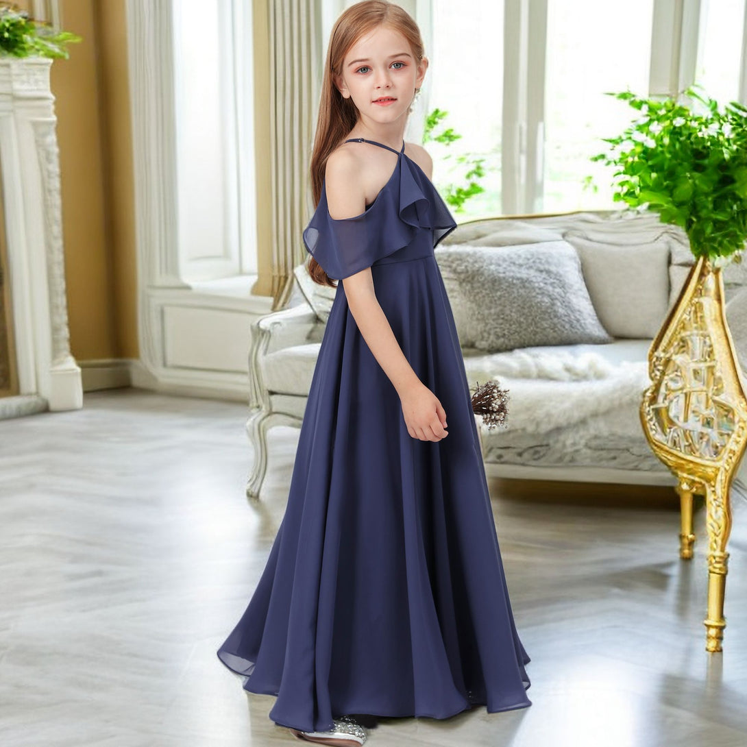 Simple A-Line Halter Cape Floor-Length Chiffon Junior Bridesmaid Dresses/Girls Birthday Dresses Girls Gidiondress