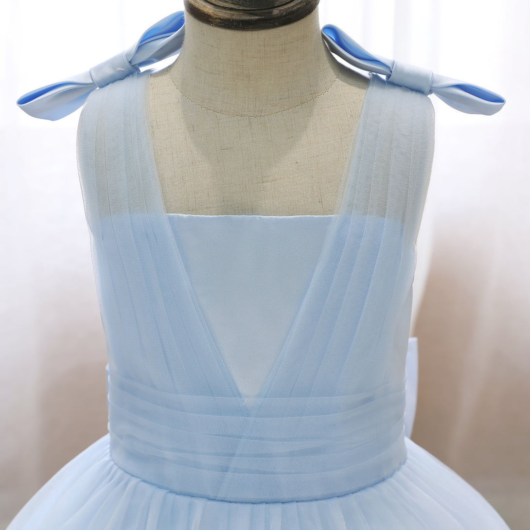 Square Neck Sleeveless Knee-Length Satin/Tulle Holiday＆Christmas Dresses With Bow/Pleated Girls Gidiondress