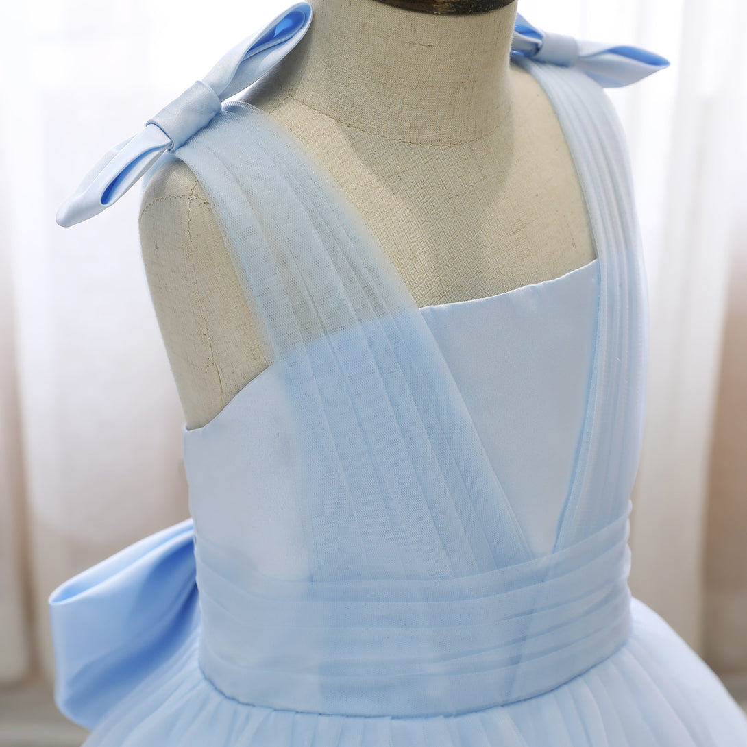 Square Neck Sleeveless Knee-Length Satin/Tulle Holiday＆Christmas Dresses With Bow/Pleated Girls Gidiondress
