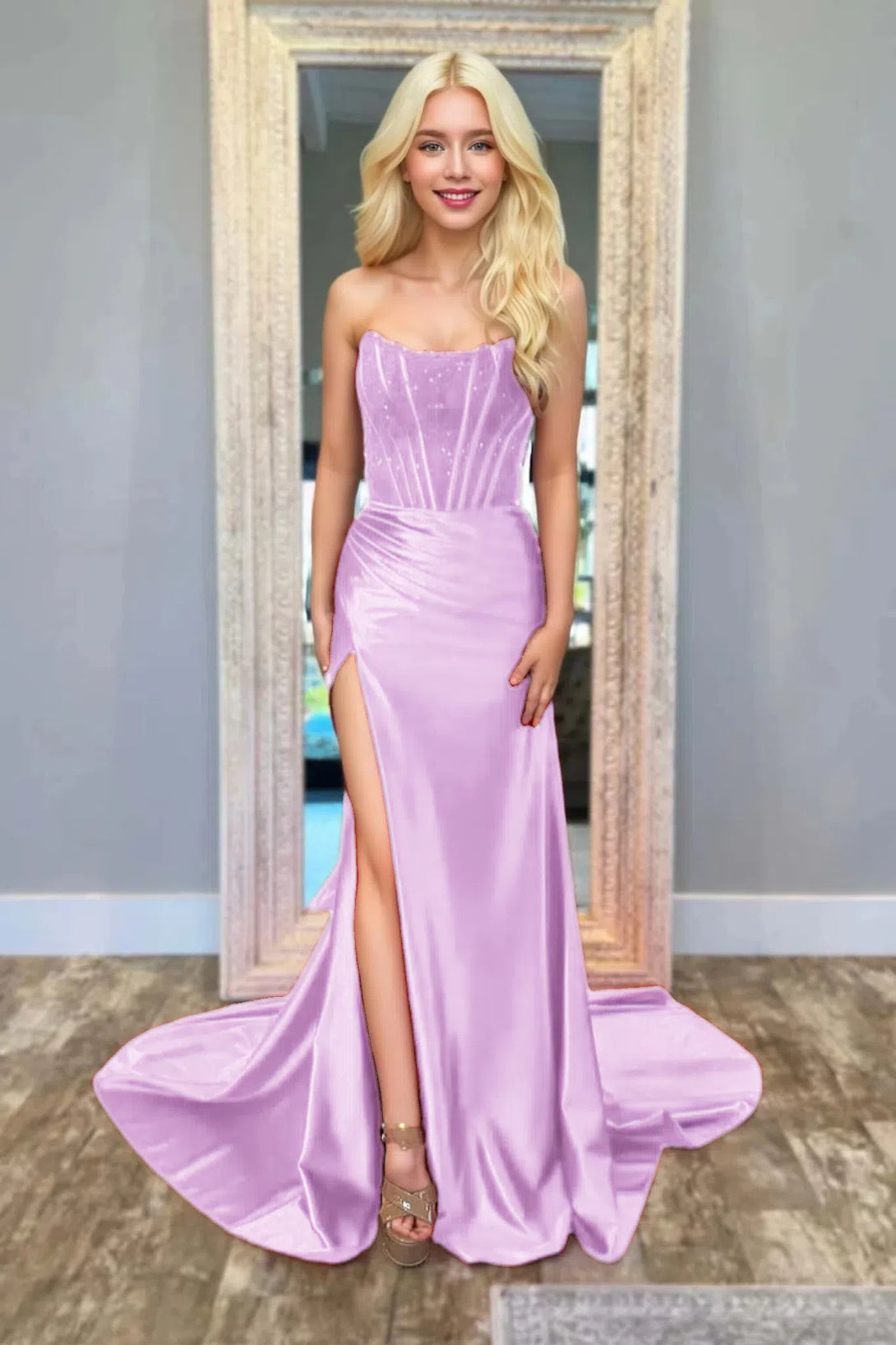 Mermaid Strapless Satin Long Prom Dresses With Beading BabaMila