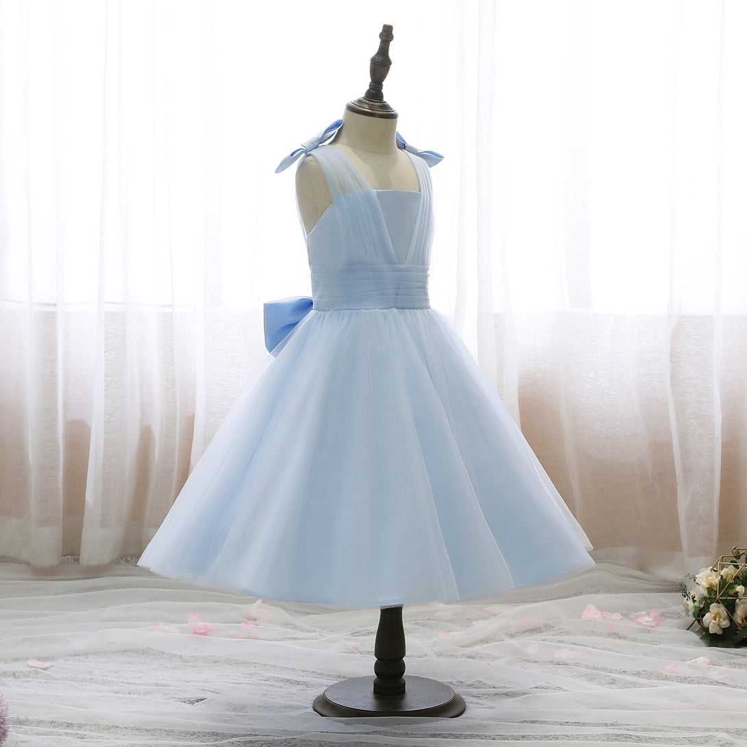 Square Neck Sleeveless Knee-Length Satin/Tulle Holiday＆Christmas Dresses With Bow/Pleated Girls Gidiondress