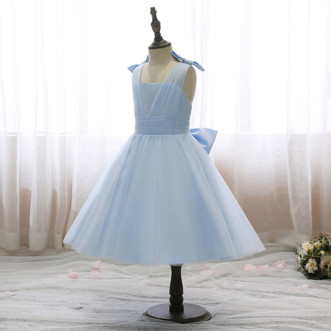 Square Neck Sleeveless Knee-Length Satin/Tulle Holiday＆Christmas Dresses With Bow/Pleated Girls Gidiondress