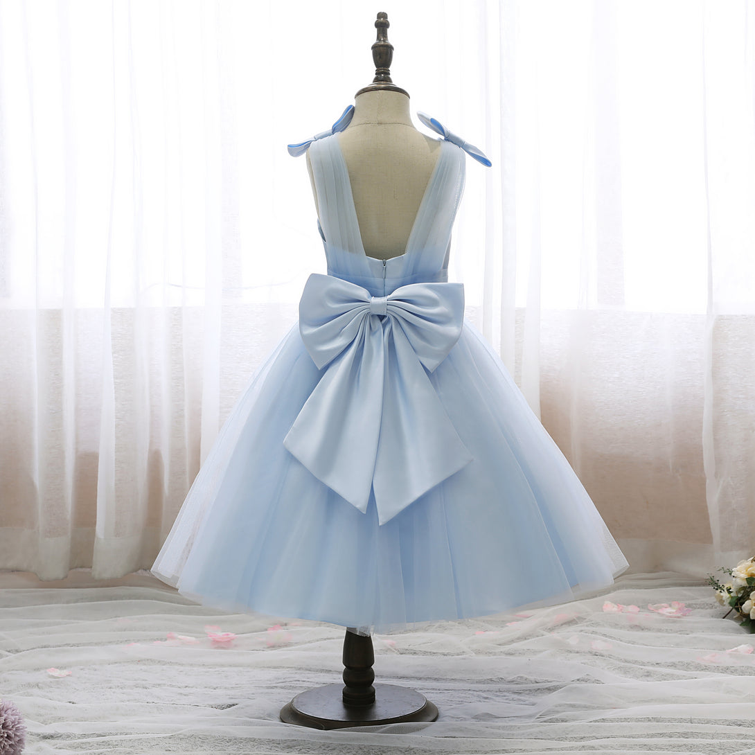 Square Neck Sleeveless Knee-Length Satin/Tulle Holiday＆Christmas Dresses With Bow/Pleated Girls Gidiondress