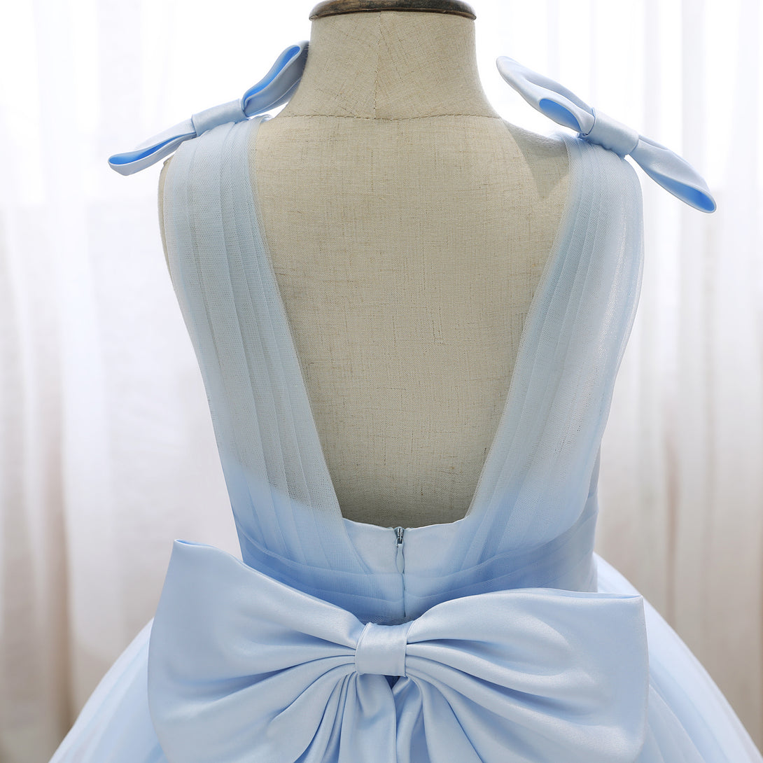 Square Neck Sleeveless Knee-Length Satin/Tulle Holiday＆Christmas Dresses With Bow/Pleated Girls Gidiondress