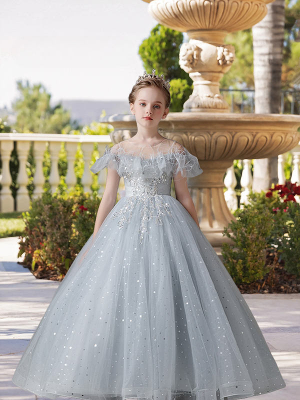 Exquisite Scoop Neck Cold Shoulder Floor-Length Lace/Printed Tulle Ball Gown/Princess With Ruffled Hem/Appliques Girls Gidiondress