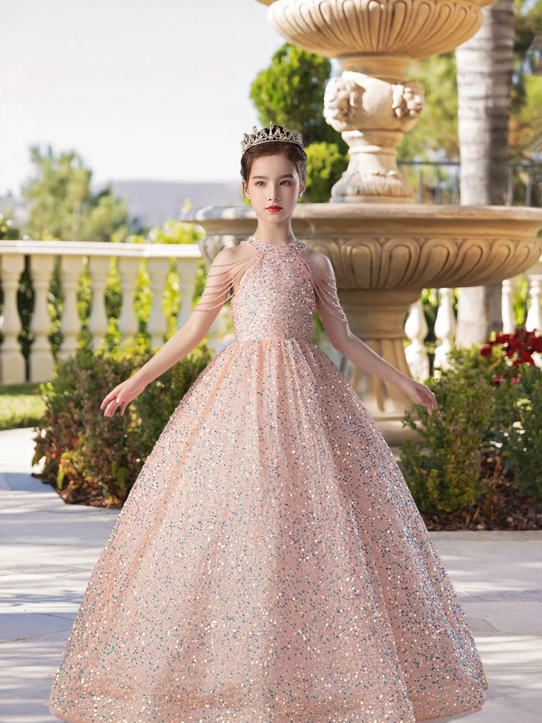Exquisite Halter Cold Shoulder Floor-Length Sequined Lace Ball Gown/Princess With Beads/Bow Girls Gidiondress