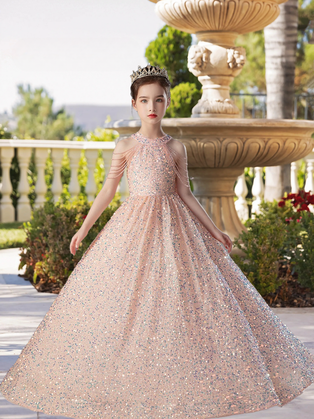 Exquisite Halter Cold Shoulder Floor-Length Sequined Lace Ball Gown/Princess With Beads/Bow Girls Gidiondress