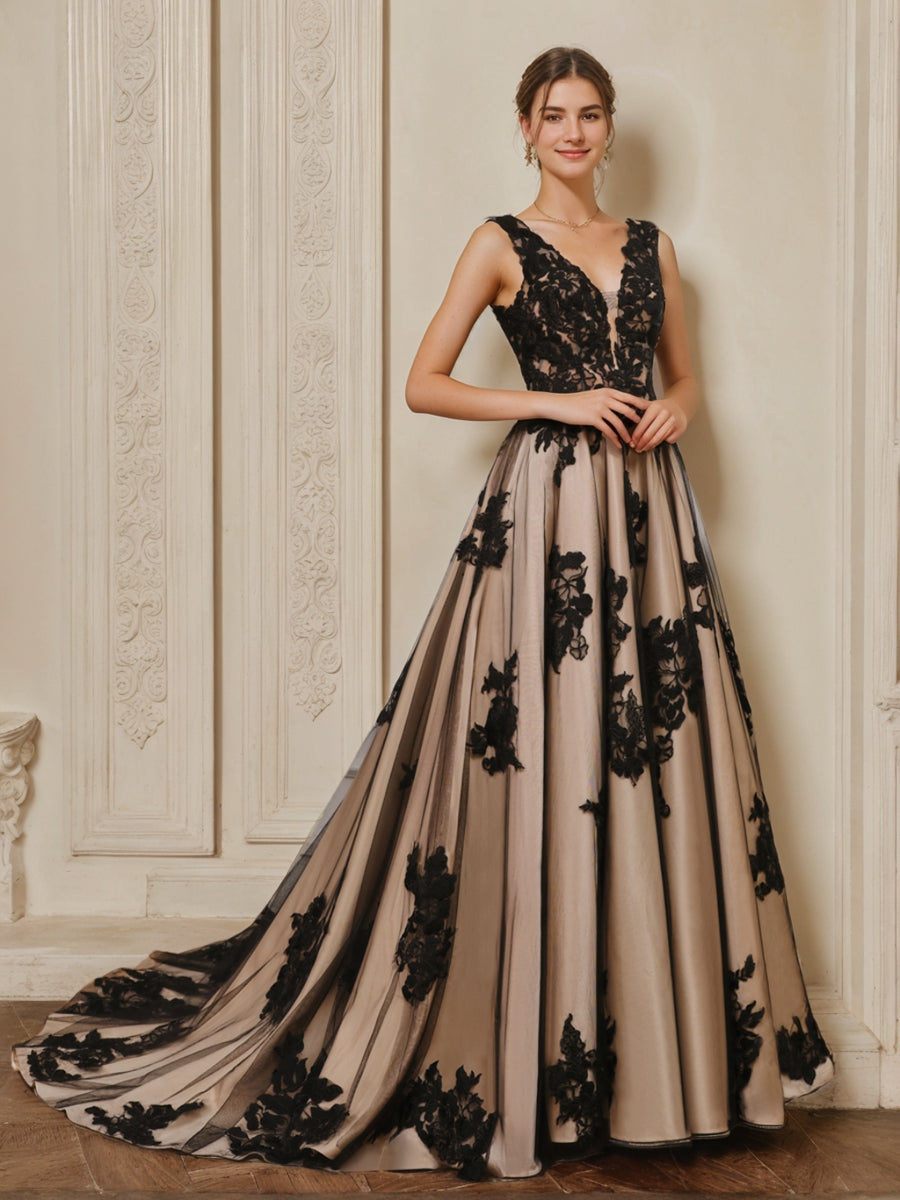 A-Line/Princess V-Neck Sleeveless Long Tulle Wedding Dress with Appliques BabaMila