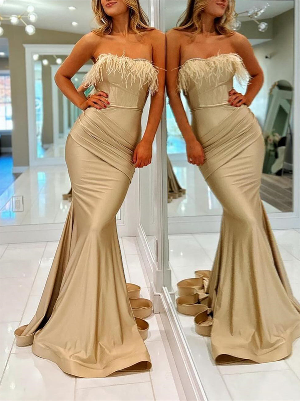 Trumpet/Mermaid Strapless Floor-length Prom Dresses With Feather BabaMila