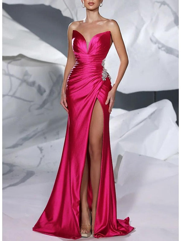 Sheath/Column V-Neck Sleeveless Floor-Length Long Evening Floral Dresses with Split Side/Ruffles/Sash/Beads BabaMila