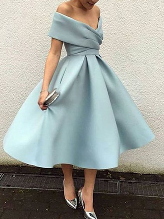 A-Line/Princess Off-the-Shoulder V-Neck Tea-Length Prom Dresses With Pleated BabaMila