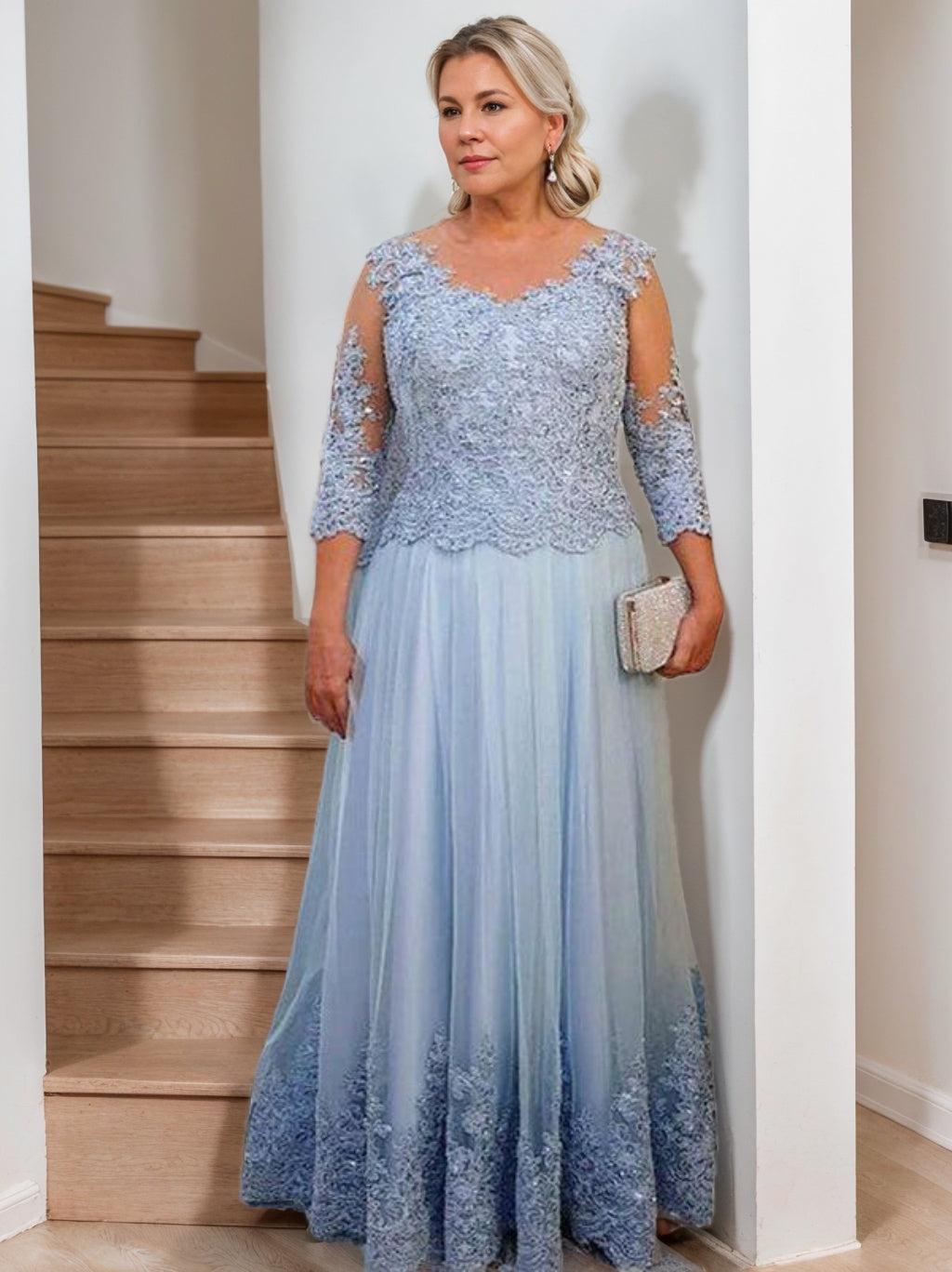A-Line/Princess Sheer Neck 3/4 Length Sleeves Floor-Length Mother Of The Bride Dresses With Applique BabaMila