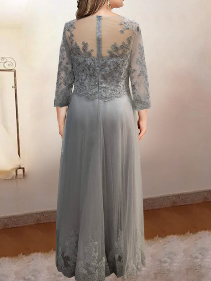 A-Line/Princess Sheer Neck 3/4 Length Sleeves Floor-Length Mother Of The Bride Dresses With Applique BabaMila