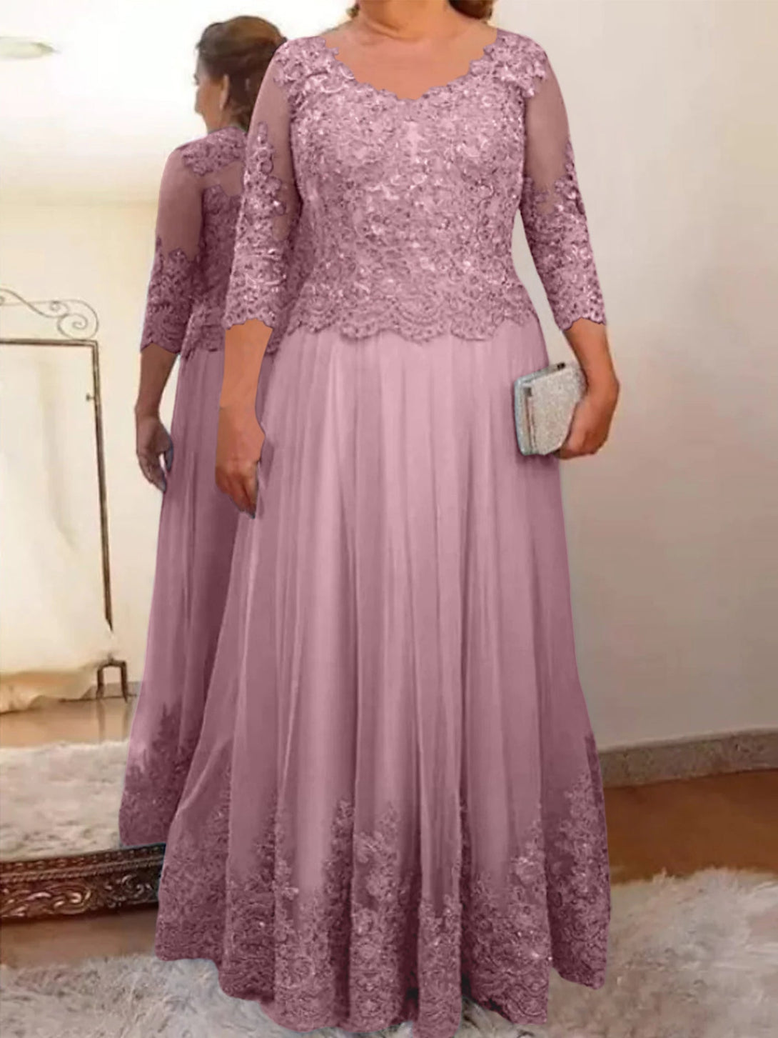 A-Line/Princess Sheer Neck 3/4 Length Sleeves Floor-Length Mother Of The Bride Dresses With Applique BabaMila