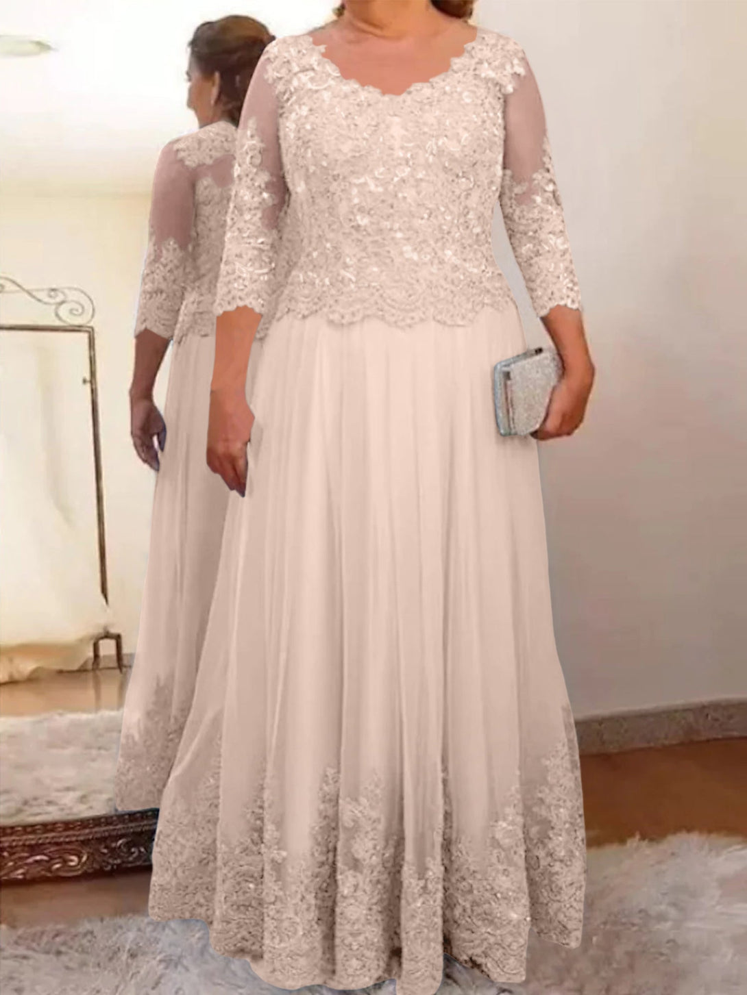 A-Line/Princess Sheer Neck 3/4 Length Sleeves Floor-Length Mother Of The Bride Dresses With Applique BabaMila
