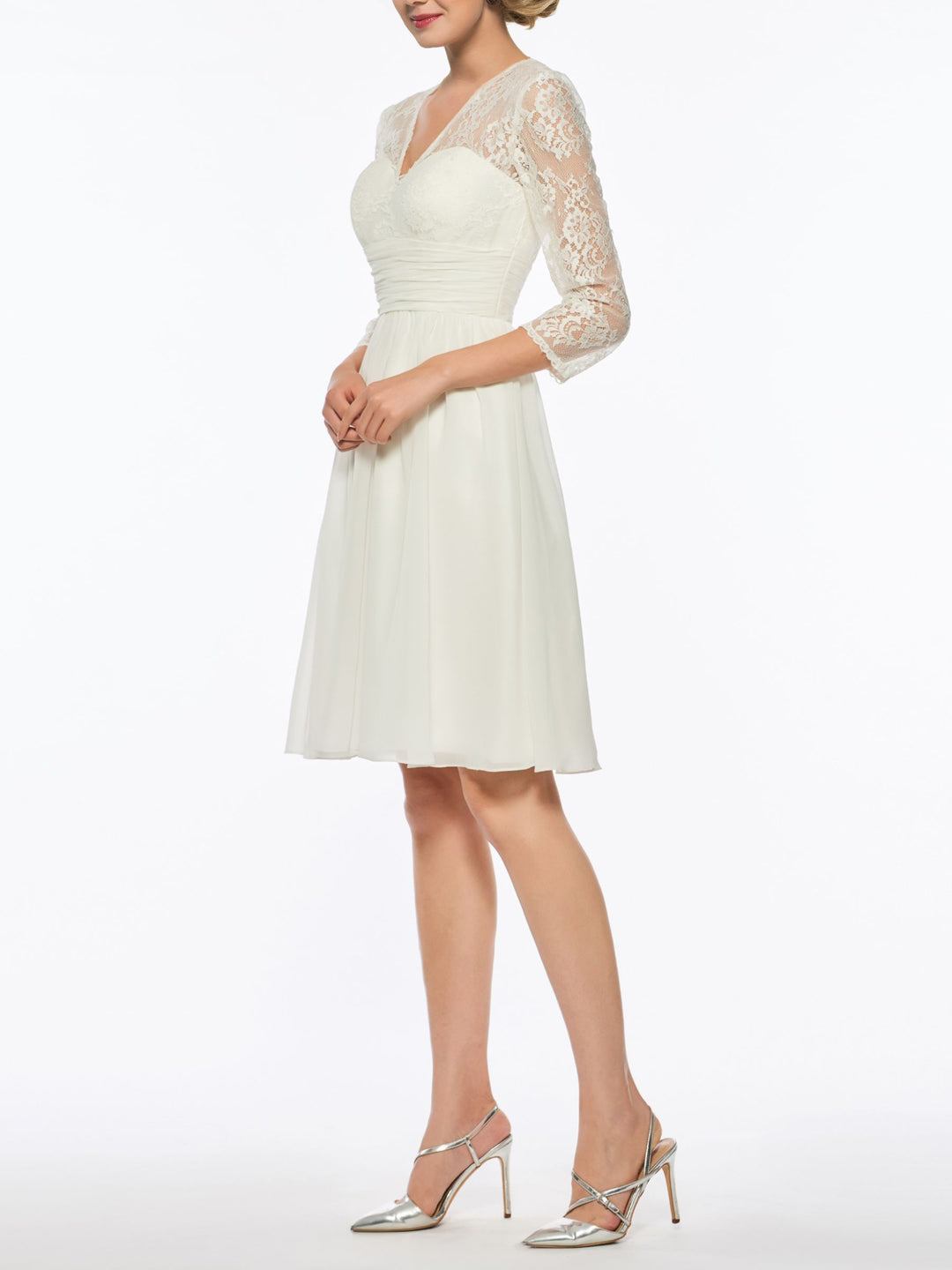 A-Line/Princess V-Neck 3/4 Sleeves Knee-Length Wedding Dress with Lace BabaMila