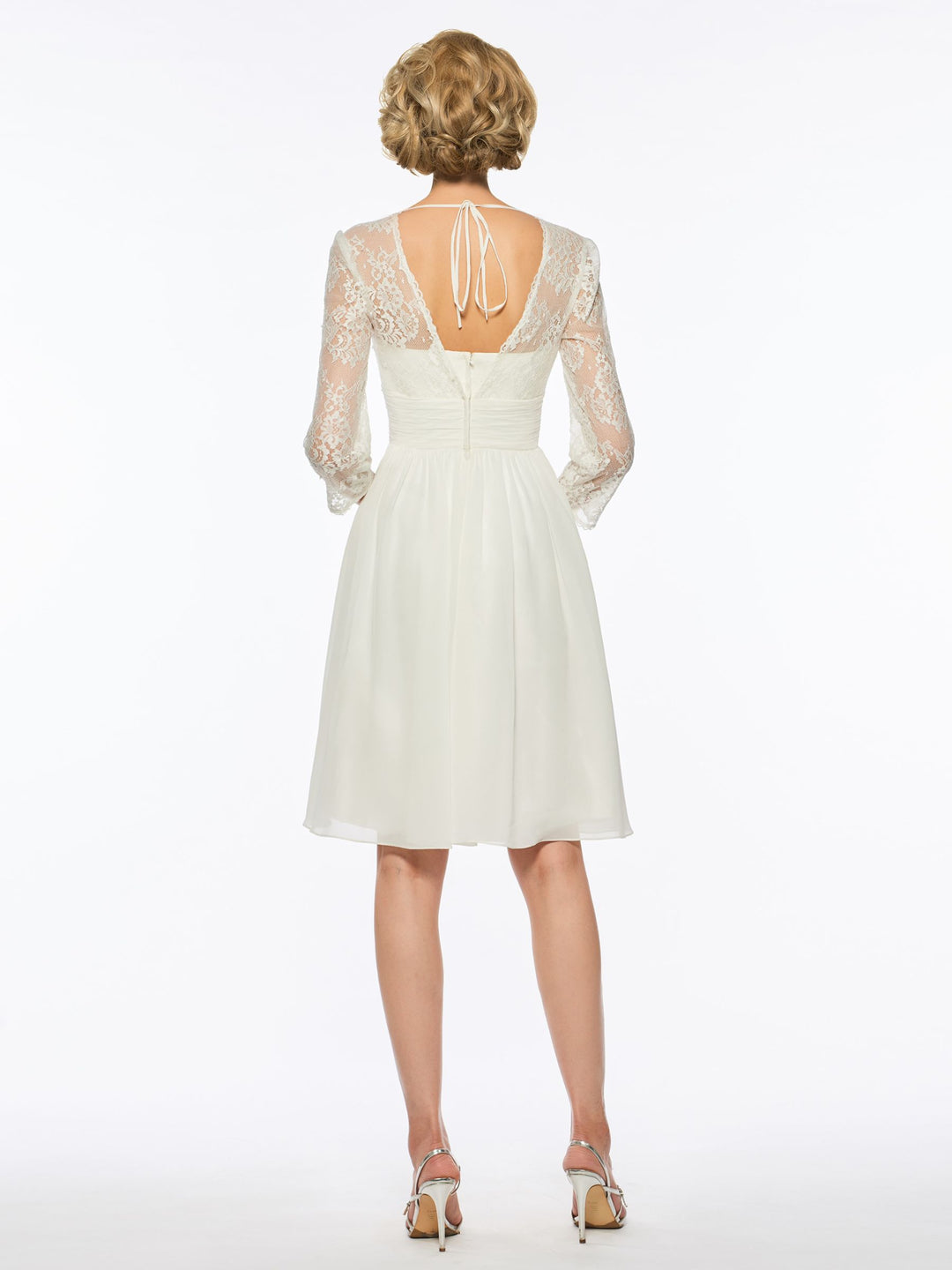 A-Line/Princess V-Neck 3/4 Sleeves Knee-Length Wedding Dress with Lace BabaMila